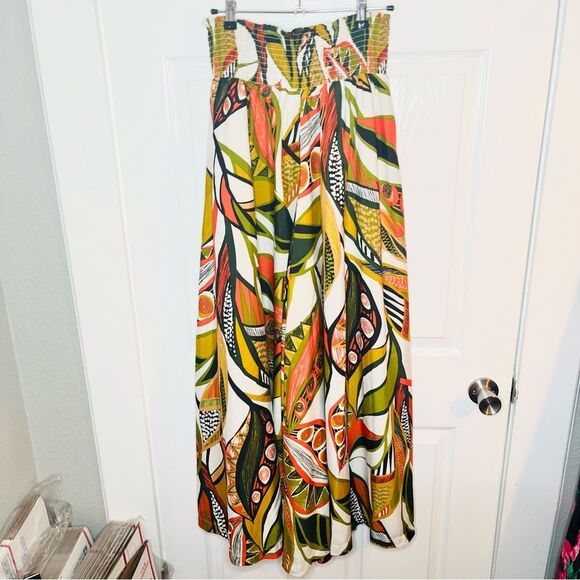 Cato Vibrant Flowy Tropical Satin Extra Wide Leg Palazzo Pants Green Orange M - Picture 7 of 11
